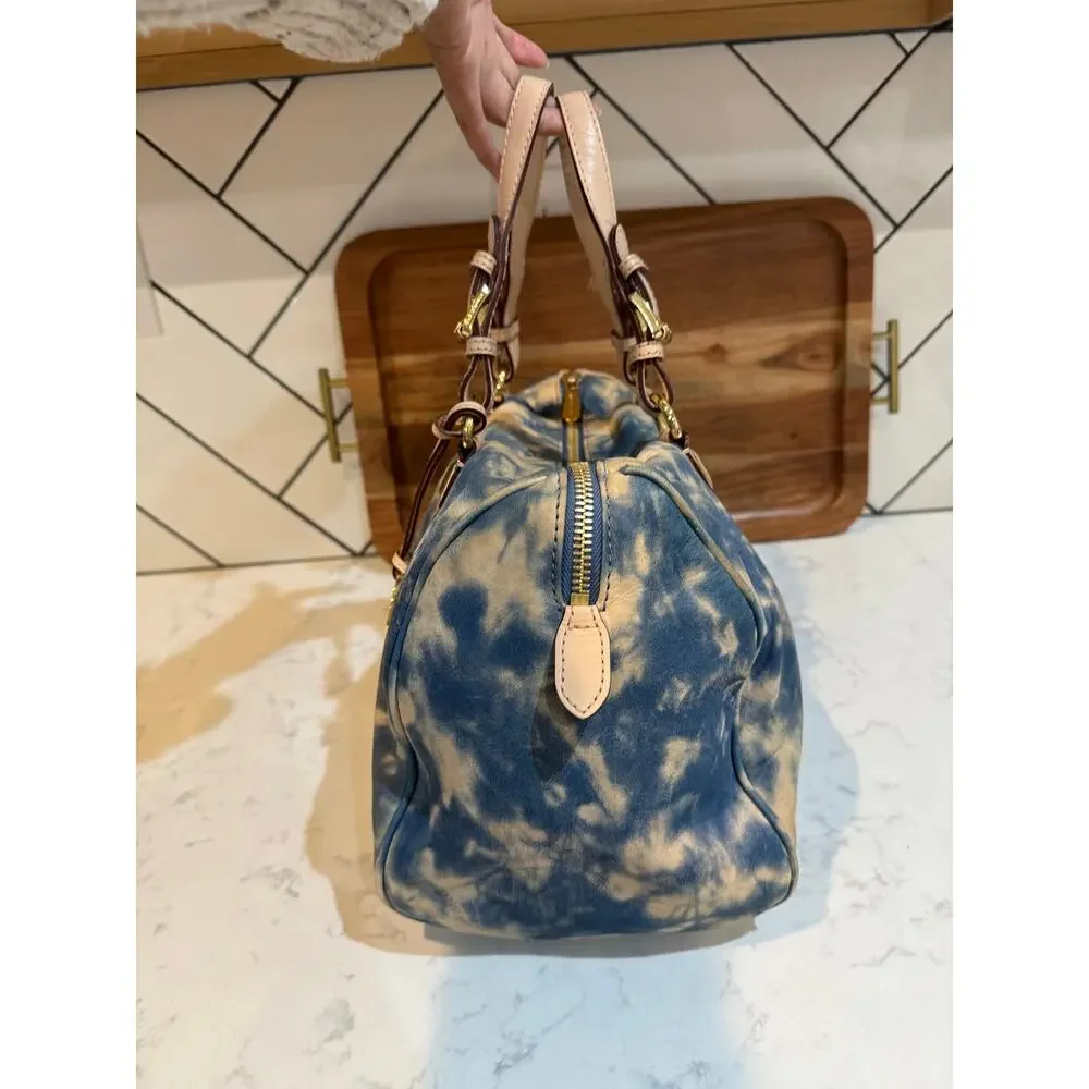 Michael Kors blue beige tie-dye Grayson satchel tan leather trim gold hardware